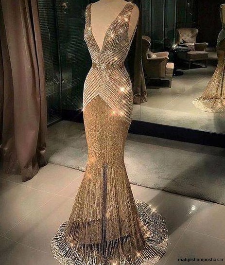 مدل لباس مجلسی بلند لمه طلایی