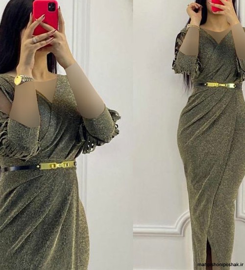 مدل لباس مجلسی بلند با پارچه لمه و گیپور