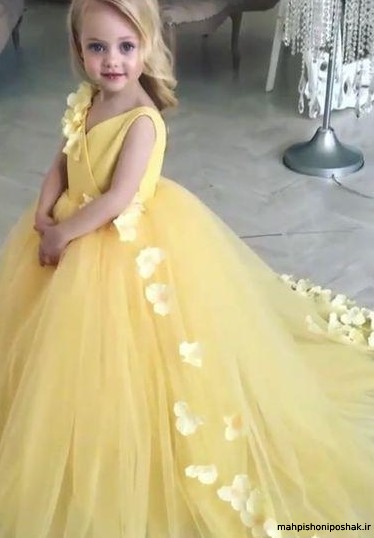 مدل پرنسسی لباس عروس بچه گانه زرد